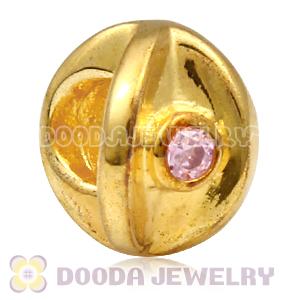 Gold Plated European Style Silver Eye Beads with Pink Stone