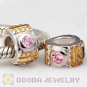 Gold Plated and Sterling Silver European Beads with Pink Stone