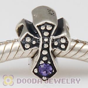 European Antique Sterling Silver Cross Charm Bead with Tanzanite Austrian Crystal