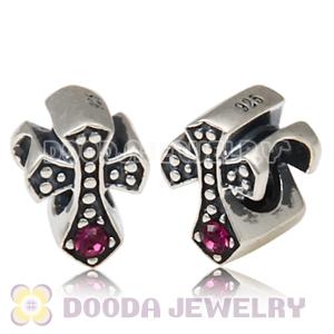 European Antique Sterling Silver Cross Charm Bead with Amethyst Austrian Crystal