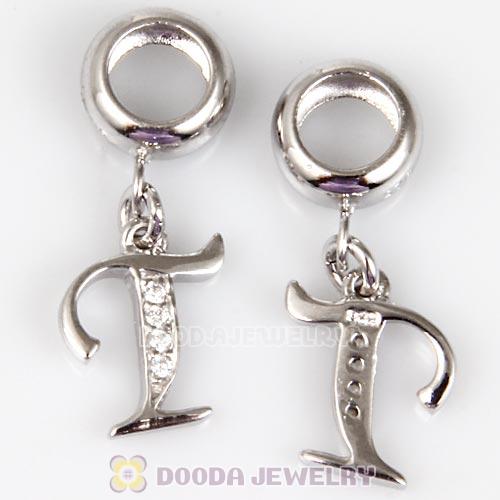 925 Sterling Silver Dangle Letter T Beads with CZ Stone