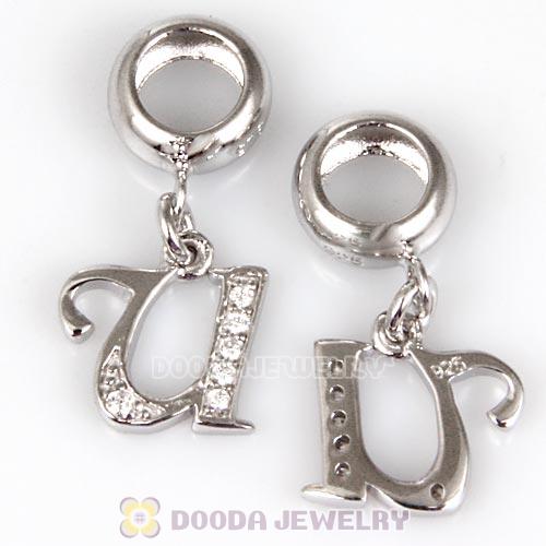 925 Sterling Silver Dangle Letter U Beads with CZ Stone