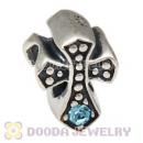 European Antique Sterling Silver Cross Charm Bead with Aquamarine Austrian Crystal