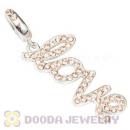 European Sterling Silver Love Letters Dangle Beads with Light Peach Austrian Crystal