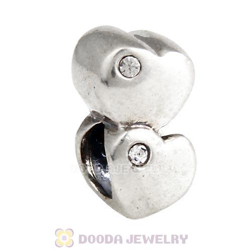 European Sterling Double Heart Charm With Austrian Crystal Beads