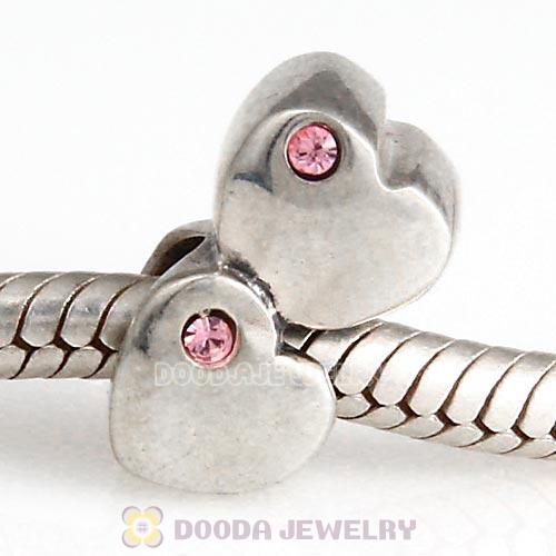 European Sterling Double Heart Charm with Light Rose Austrian Crystal Beads