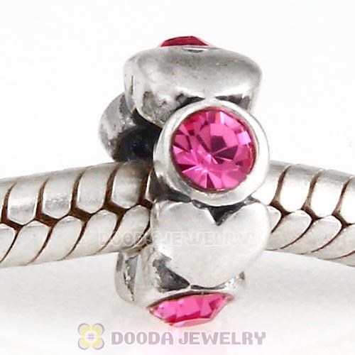 European Sterling Silver Heart Spacer Beads with Rose Austrian Crystal