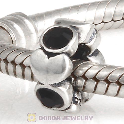 European Sterling Silver Heart Spacer Beads with Jet Austrian Crystal