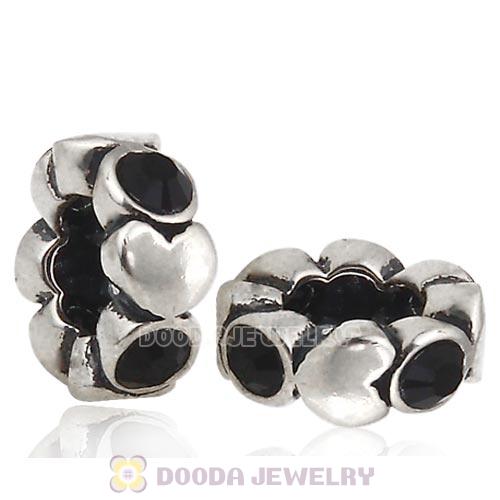 European Sterling Silver Heart Spacer Beads with Jet Austrian Crystal