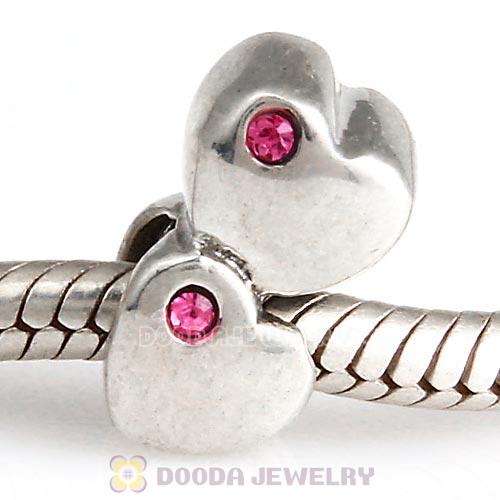 European Sterling Double Heart Charm with Rose Austrian Crystal Beads