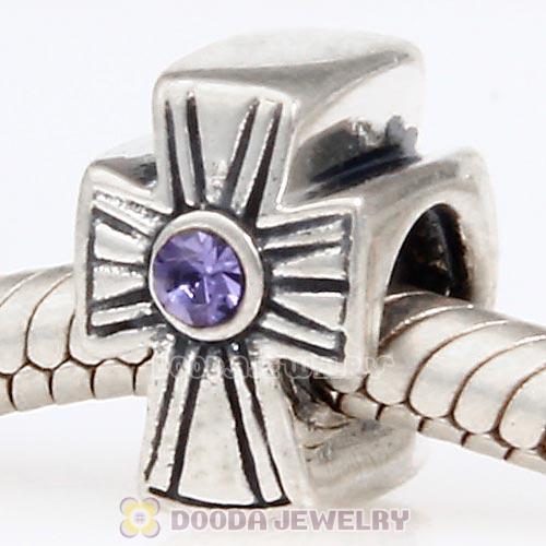 European Sterling Silver Cross Charm With Tanzanite Austrian Crystal
