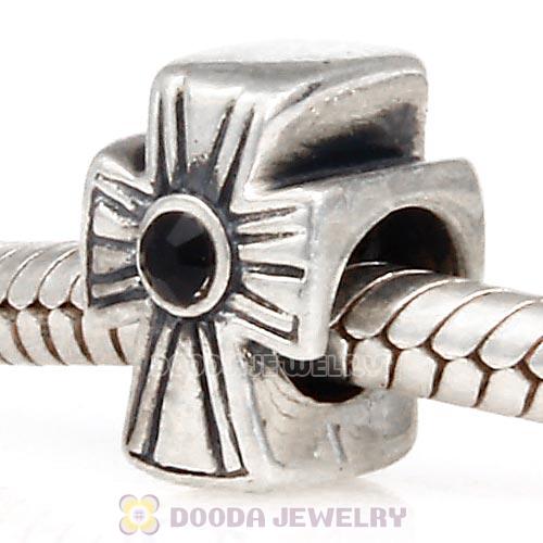 European Sterling Silver Cross Charm With Jet Austrian Crystal