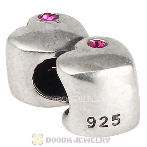 European Sterling Double Heart Charm with Fuchsia Austrian Crystal Beads