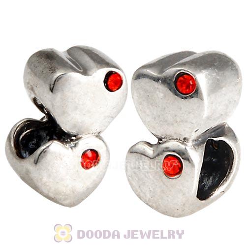 European Sterling Double Heart Charm with Hyacinth Austrian Crystal Beads