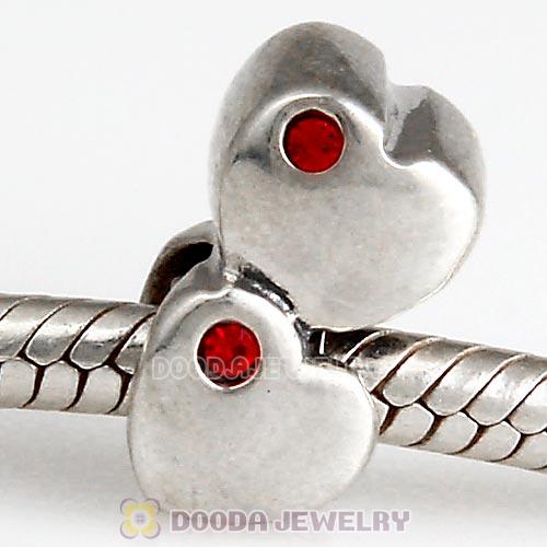 European Sterling Double Heart Charm with Light Siam Austrian Crystal Beads