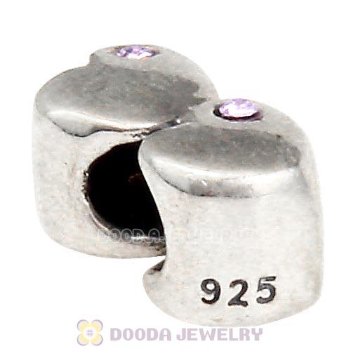 European Sterling Double Heart Charm with Violet Austrian Crystal Beads