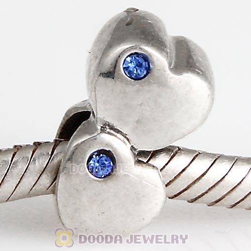 European Sterling Double Heart Charm with Sapphire Austrian Crystal Beads