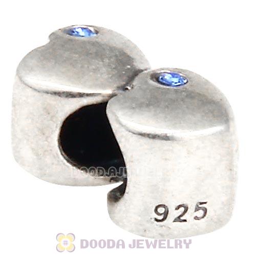 European Sterling Double Heart Charm with Sapphire Austrian Crystal Beads