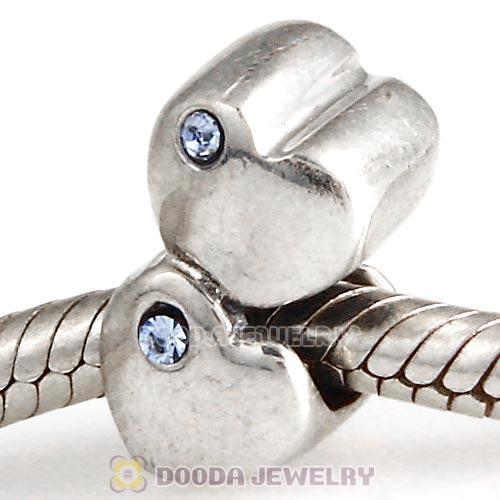 European Sterling Double Heart Charm with Light Sapphire Austrian Crystal Beads