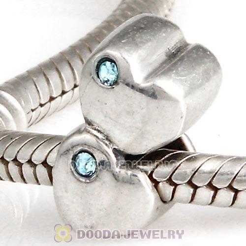 European Sterling Double Heart Charm with Aquamarine Austrian Crystal Beads