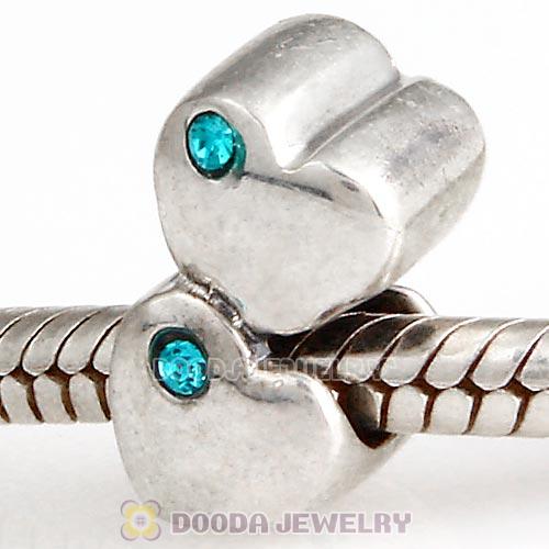 European Sterling Double Heart Charm with Blue Zircon Austrian Crystal Beads