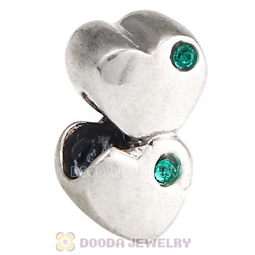 European Sterling Double Heart Charm with Emerald Austrian Crystal Beads