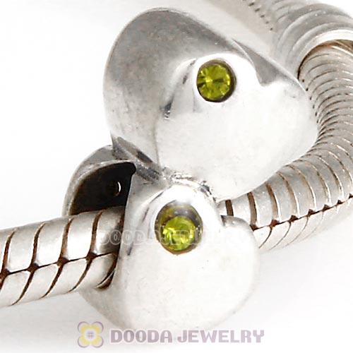 European Sterling Double Heart Charm with Olivine Austrian Crystal Beads