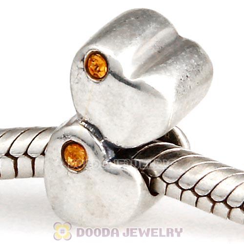 European Sterling Double Heart Charm with Topaz Austrian Crystal Beads