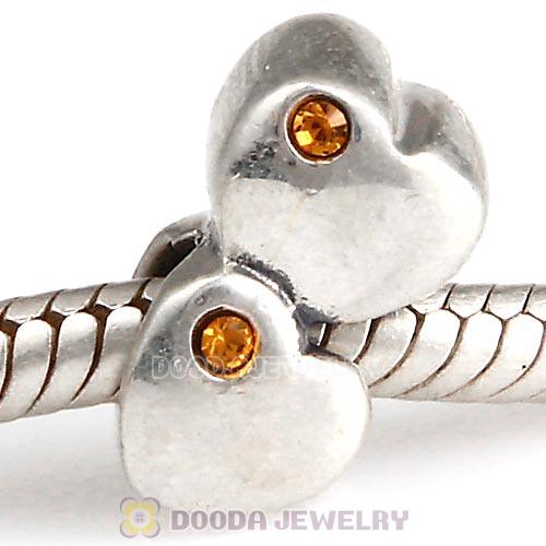 European Sterling Double Heart Charm with Topaz Austrian Crystal Beads