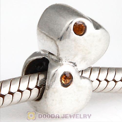 European Sterling Double Heart Charm with Smoked Topaz Austrian Crystal Beads