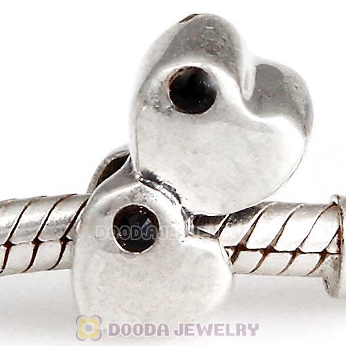European Sterling Double Heart Charm with Jet Austrian Crystal Beads