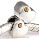European Sterling Double Heart Charm with Light Colorado Topaz Austrian Crystal Beads