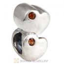 European Sterling Double Heart Charm with Smoked Topaz Austrian Crystal Beads