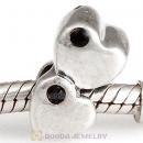European Sterling Double Heart Charm with Jet Austrian Crystal Beads