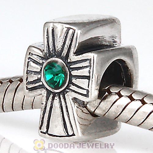 European Sterling Silver Cross Charm With Emerald Austrian Crystal