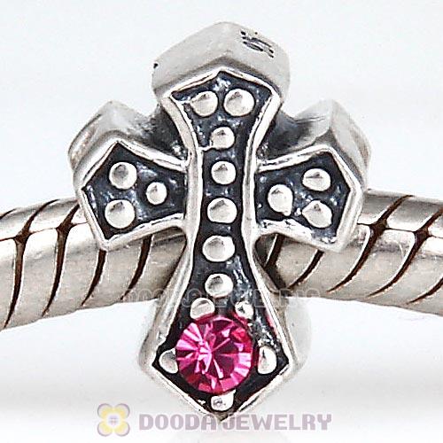 European Antique Sterling Silver Cross Charm Bead with Rose Austrian Crystal