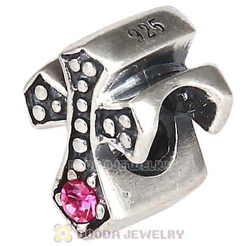 European Antique Sterling Silver Cross Charm Bead with Rose Austrian Crystal