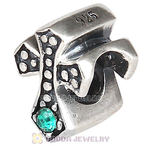 European Antique Sterling Silver Cross Charm Bead with Emerald Austrian Crystal