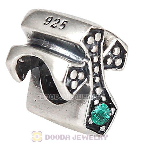 European Antique Sterling Silver Cross Charm Bead with Emerald Austrian Crystal