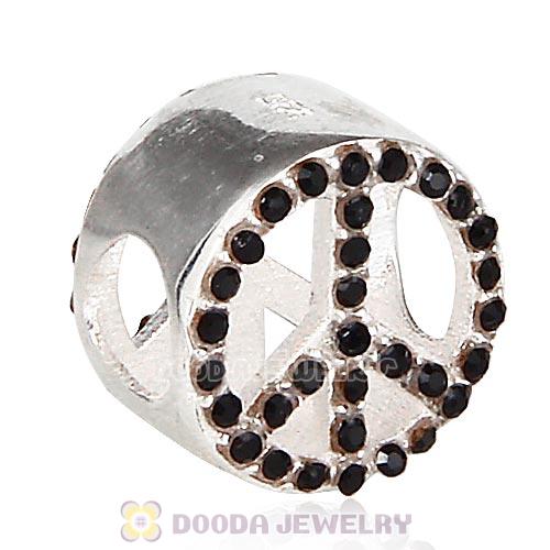 Sterling Silver Peace Button Beads with Jet Austrian Crystal