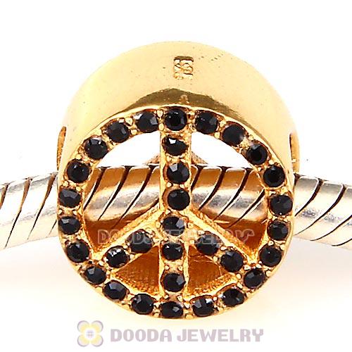 Gold Plated Sterling Silver Peace Button Beads with Jet Austrian Crystal