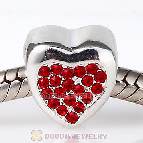 Sterling Silver Glitter Heart Beads with Light Siam Austrian Crystal
