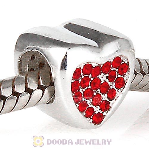 Sterling Silver Glitter Heart Beads with Light Siam Austrian Crystal