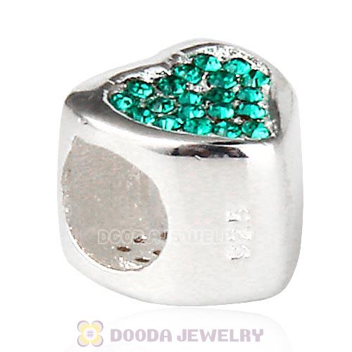 Sterling Silver Glitter Heart Beads with Emerald Austrian Crystal