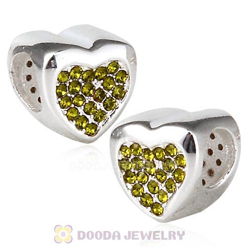 Sterling Silver Glitter Heart Beads with Olivine Austrian Crystal