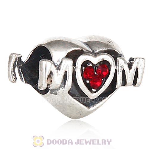 Sterling Silver European MOM Heart Bead with Siam Austrian Crystal