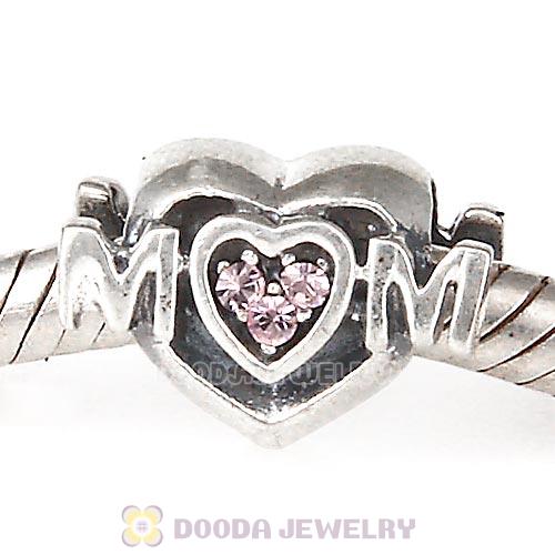 Sterling Silver European MOM Heart Bead with Light Amethyst Austrian Crystal
