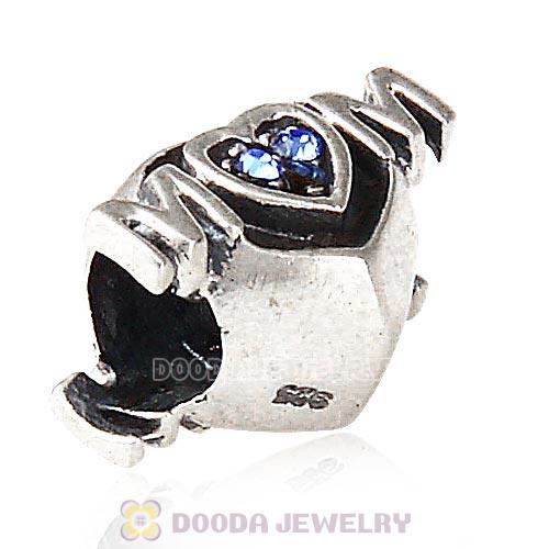 Sterling Silver European MOM Heart Bead with Sapphire Austrian Crystal