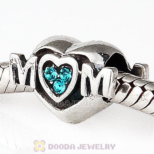 Sterling Silver European MOM Heart Bead with Blue Zircon Austrian Crystal