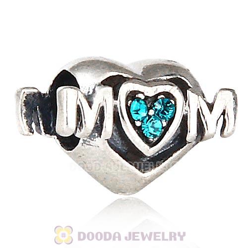 Sterling Silver European MOM Heart Bead with Blue Zircon Austrian Crystal